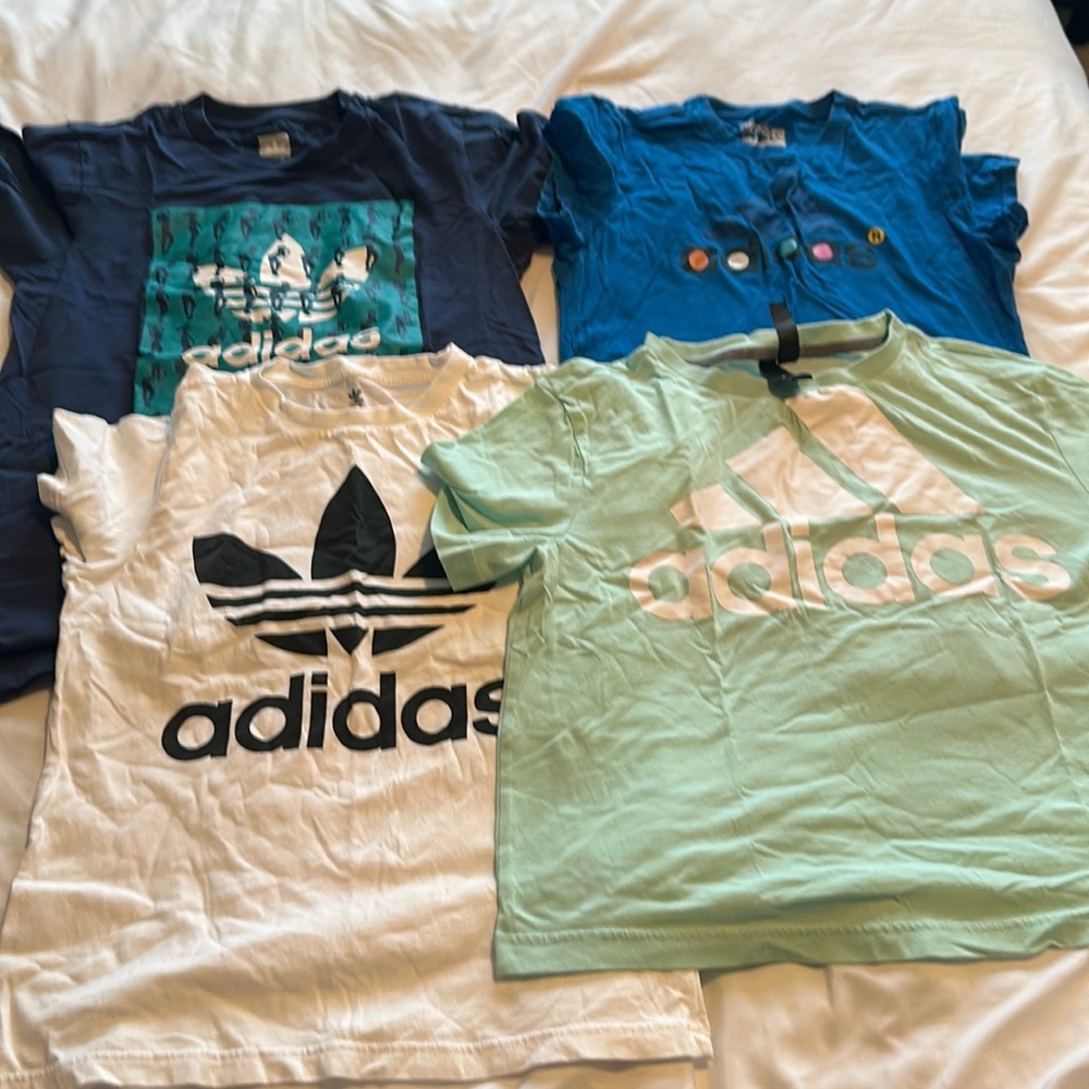 Lot of 4 medium adidas shirts (navy, royal blue, white and mint green/cropped )